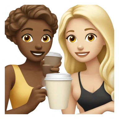 Four beautiful white european girls, one with blond hair and three with dark blond hair in dresses have coffee sticker