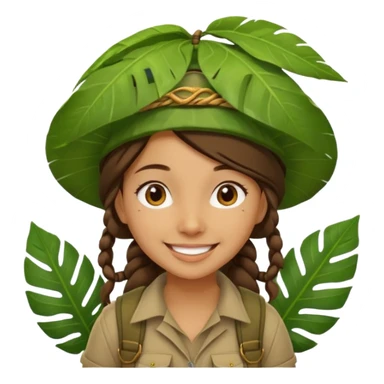 a young female explorer with jungle wearing a large leaf headgear bye and magnificer  sticker