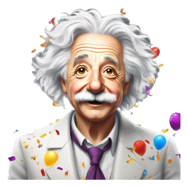 happy albert einstein with lots of colourful confetti and party balloons sticker