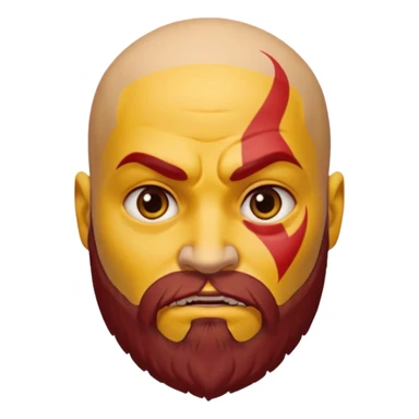 Kratos from God of War as a yellow emoji, classic round yellow face, bald head, red tattoo, beard, stern expression sticker