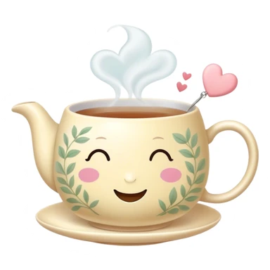 Cute Kawaii Tea Cup, steaming with warmth, a charming smiling face, soft pastel tones, delicate floral patterns, a tiny heart-shaped tea bag tag, cozy and inviting! sticker