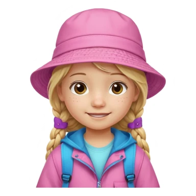 Little girl kid student, long braid blonde, wears pink bucket hat and jacket, backpack, happy sticker