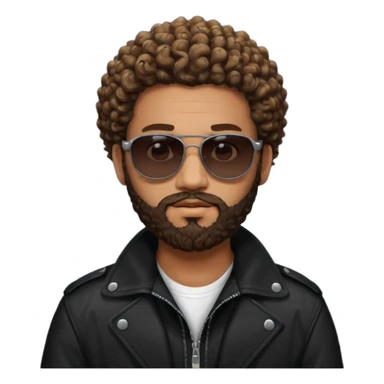 biker gang with black sunglass and rugged and bulky guy bearded curly hair black jacket one gay sticker