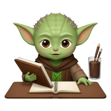 Baby Yoda con su tunica chocolate escribiendo en un cuaderno sobre un escritorio en un aula de clases sticker