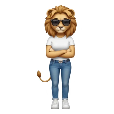 friendly anthropomorphised female lion character, full body, standing confidently with legs shoulder width apart and arms folded, wearing jeans, a white t-shirt, dark sunglasses, and trainers, with a determined expression sticker
