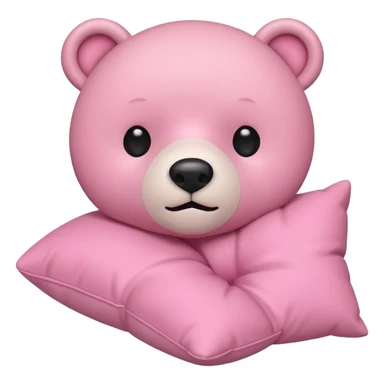 pink bear holding a pillow, true iPhone emoji style, extremely flat, minimal, iconic, simple black dot eyes, small round nose, basic mouth, soft pink color, no fur texture, no shading, no text sticker