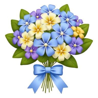Periwinkle bouquet with assorted flowers, tied with a white bow sticker