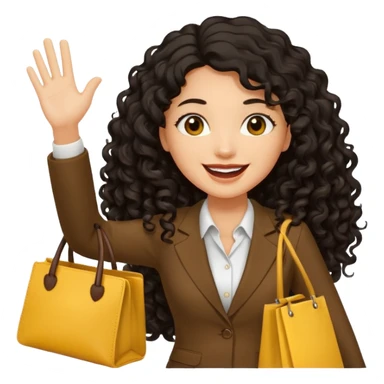 medium deep tan brown business woman with long black curly hair, waving hand with happy face with smile mouth and carrying bag on her shoulder and the other hand holding yellow tumblr sticker