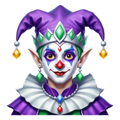 Full view, Cinematic and Ultra realistic 32k HD hauntingly beautiful jester with Balanced features, highly detailed, glowing with silver light, high shine, remembrance, a painting of white silver, fanciful, enchanting. The image is so lifelike it could leap off the canvas at any moment sticker