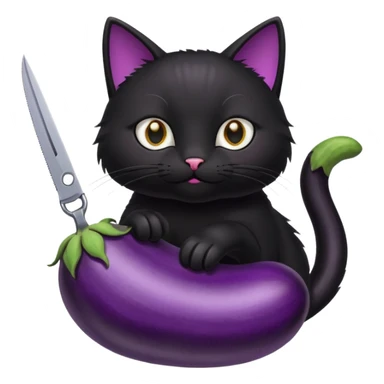 A black cat with scissors cutting an egg plant￼ sticker