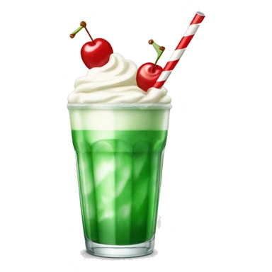 soft green soda drink with cream and cherry on top, red and white striped straw in glass sticker
