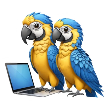 Two yellow and blue macaws using a laptop sticker