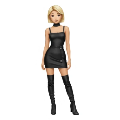 Hailey bieber cheveux court blond voir tout le corps et avec une robe longue serré noir avec des bretelles et des cuissardes au pied  sticker