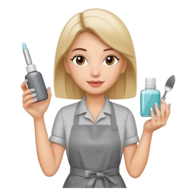 female nail master in grey apron with small gel polish in one hand and nail file in other  sticker