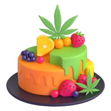 colorful frosted fruit cake with cannabis leaf on a plate sticker