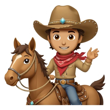 clash-of-clans-aesthetic_-cinematic-playful-cowboy-portrait-emoji, head-tilted with a roguish, cheeky grin and twinkling eyes, featuring a rugged, spirited build with a wide-brimmed cowboy hat and a rugged bandana, tan skin-tone, riding a galloping horse with reins in one hand and a lasso in the other, dust trailing behind. sticker