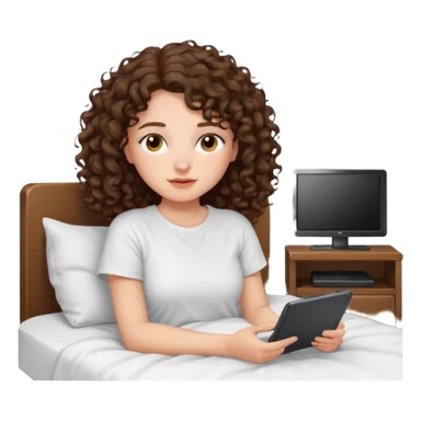 A girl, brunette with curly hair down to her shoulders, watching TV. Have her lie down on the bed, and put on Netflix on the TV. She walks by with her back to the camera, looking at the TV. sticker