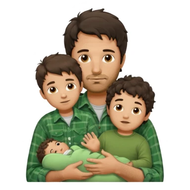 A father with messy medium-length dark hair and light stubble, wearing a green flannel shirt. He holds his child who has short curly brown hair and a cream-colored romper. Cozy warm lighting, authentic family moment. sticker