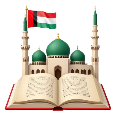 An icon featuring the mosque and the flag of United Arab Emirates, symbolizing the Arabic language. The design includes an open book with Arabic script and calligraphy, representing language learning and cultural heritage. Transparent background sticker