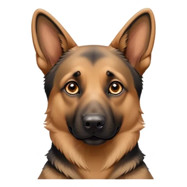 Cinematic Cute Tan/Black German Shepherd Portrait Emoji, Head tilted playfully and inquisitively, showcasing a smooth tan coat with distinctive black markings and piercing brown eyes filled with curiosity, Simplified yet irresistibly adorable features, highly detailed, glowing with a warm, friendly glow, high shine, affectionate and alert, stylized with a touch of whimsy, bright and endearing, soft glowing outline, capturing the essence of a mischievous yet loving guardian, so playful it feels like it could bound out of the screen and into your arms! sticker