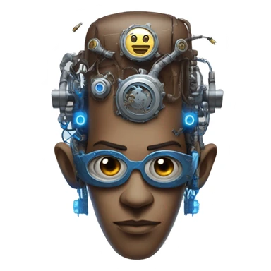 Brown cyborg head with blue Mohawk, blue beard, silver steampunk monocle goggles a smile and circuits sticker