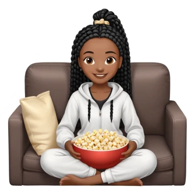 A dark-brown-skinned Black woman with black box braids, holding a large bowl of popcorn in her lap, smiling , wearing comfy loungewear sitting on couch sticker