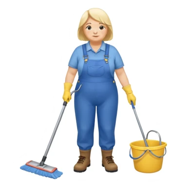 old and fat women, Custodian with yellow rubber gloves, white T-shirt, blue overalls, mopping floor sticker
