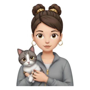 a white girl with brunette hair in a messy bun holding a grey cat. the girl has long lashes and has on a grey zip up that is half way zipped and under a white shirt and gold jewelry that is hoop earrings and gold bracelets. sticker