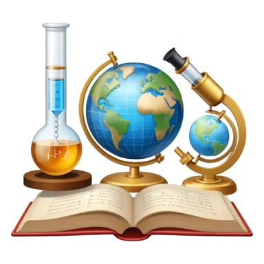 Icon for Scientific and Educational Reading: an open book with mathematical formulas, a microscope, a test tube, and a globe. The icon should represent the curiosity and knowledge found in scientific and academic books. Transparent background. sticker