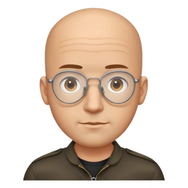 Oval-faced man with large forehead, aviator glasses, completely bald sides with extremely short dark curly hair only on crown, light brown skin, friendly neutral expression, black shirt sticker