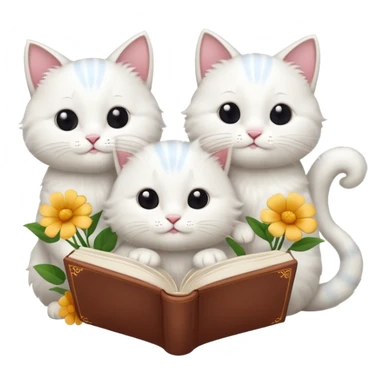  3 white Cats reading book + flower sticker
