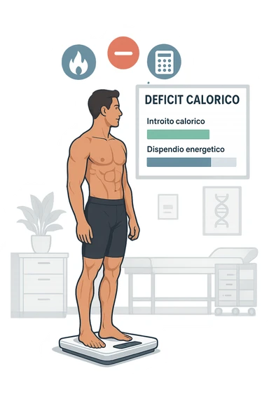 a man stands on a digital scale, looking at a nutrition chart that shows his daily calorie intake is lower than his energy expenditure. Floating icons above his head display a negative calorie balance, and his body appears slightly leaner, with visible muscle definition. The background is a modern clinic, emphasizing the concept of caloric deficit. scritto in italiano sticker