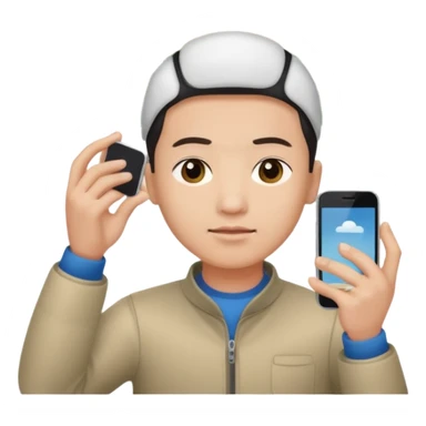 a chinese holding an smartphone with both hands in landscape mode(horizontally) on top of his forehead sticker
