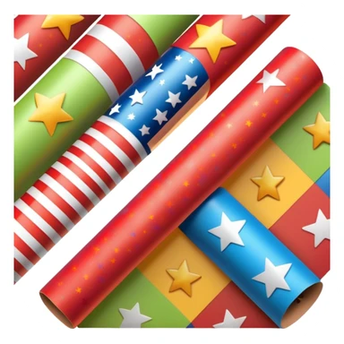 long cylindrical roll of glossy wrapping paper, partially unrolled, colorful pattern with stars, stripes, festive motifs, smooth reflective finish, crisp edges, visible cardboard tube at center, no scissors tape or ribbon, apple emoji style, soft lighting, subtle shadows, emoji scale sticker