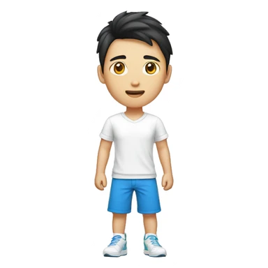 teen guy asian with short pants, white shirt sarcasm imprint, colorful teel blue running shoe sticker