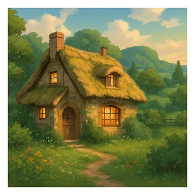 cozy cottage in a lush landscape with gentle lighting in ghibli style sticker