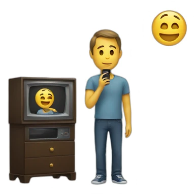 a man looking a phone in front of a television sticker