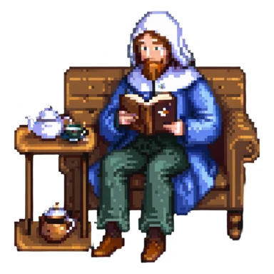 Chaucer reading and sipping tea, simple background, pixel art style sticker