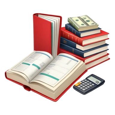 Icon for Business Reading: an open book with graphs, numbers, percentages, formulas, and text on the pages, next to a stack of books, a pile of dollars, a calculator and business magazines like Forbes. Transparent background. sticker