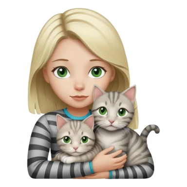 Blonde girl with blue eyes cuddling with light grey tabby cat with dark grey stripes and green eyes sticker