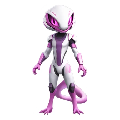 White Anthro-Lizard-Reptile-Alien-Genesect-Mewtwo-Fakémon, with pink eyes, with a futuristic visor-helmet, wearing a techwear-suit, Full Body sticker