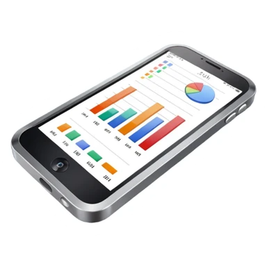 Photorealistic emoji of a compact device (handheld scanner) made of matte metal and glass. The bright, slightly reflective screen shows small colored bar charts/heatmap icons and language codes (EN, DE, 中文, العربية) plus a tiny analytics chart.  sticker