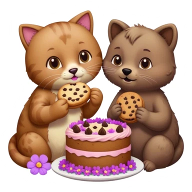 Cat eating a cookie next to a bear that eats a cake surrounded by purple and pink flowers  sticker