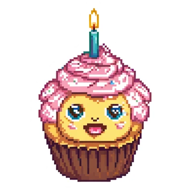 A cupcake with pink frosting, big eyes, two teeth, and a lit candle on top sticker