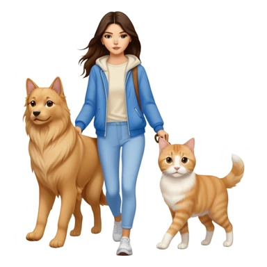 Kendall Jenner with long brown hair walking a golden retriever dog and three cats, two cream colored cats and one white and blue cat sticker