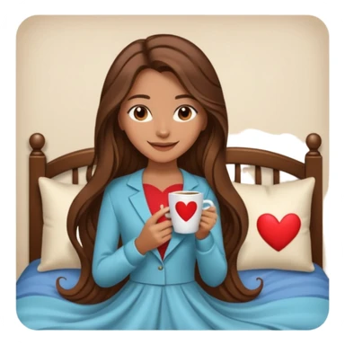 Un emoji de una chica con el pelo castaño y largo y suelto así como vestida como una that Girl y un café con dibujo de corazón y una cama aesthetic modo vida perfecta sticker