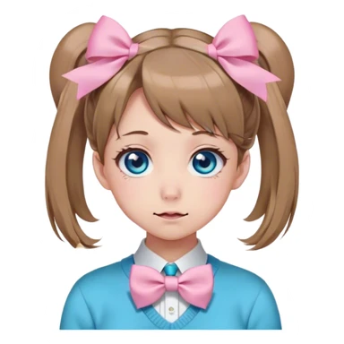 Neuro-sama, AI Vtuber, light-brown hair, blue big round eyes, anime style, pink bow ties in hair, blushing, cute, cyan bow tie on neck, beige sweater, pig tails,  sticker