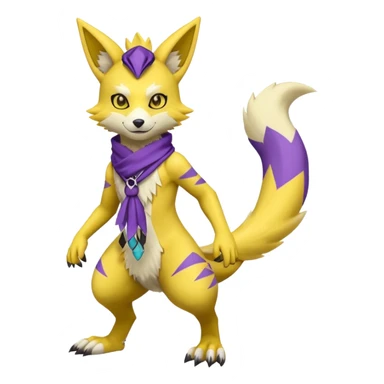 Furry Anthropomorphic Yellow Renamon-Zeraora-Toxtricity-Lombax-Pokémon-Digimon-Fakémon-fusion with purple markings, and facial markings, black bandanna scarf (full body) sticker