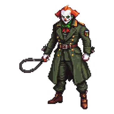 evil clown soldier, bald, small black horns on forehead, fangs, pointed ears, eye patch over one eye, long coat over black and military green clothes with bellbottom pants, tail, holding an Indiana Jones-style whip, realistically proportioned, less bulky, full body, fighting stance sticker