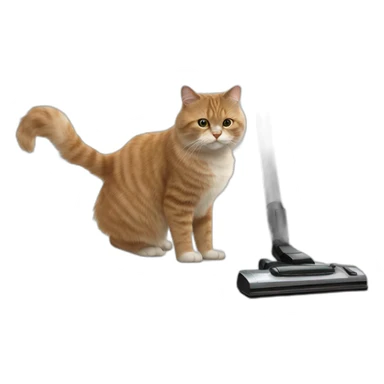 fluffy cat stands on its hind legs and vacuums dust with a vacuum cleaner sticker